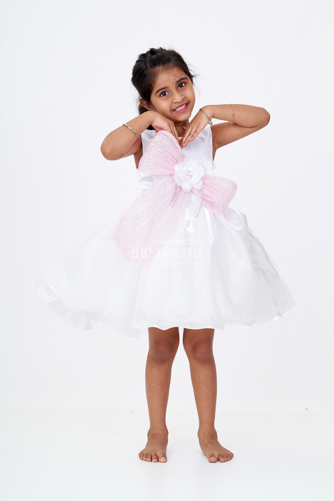 Girls Shiny Party Dresses in Cream Satin with Sequin Embroidered Bow and Floral Centerpiece Accent