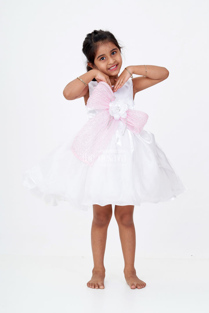 Girls Shiny Party Dresses in Cream Satin with Sequin Embroidered Bow and Floral Centerpiece Accent