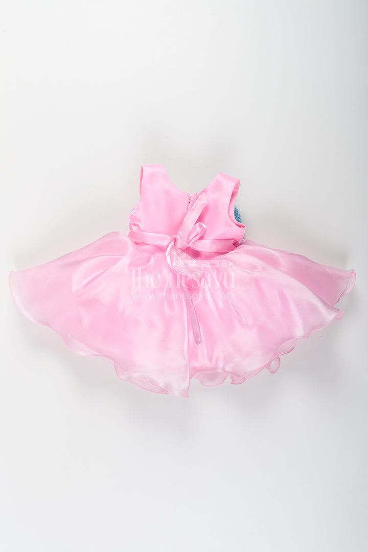 Girls Pink Net Frock with Blue Glitter Bow and Floral Accent in Glazed Organza Fabric