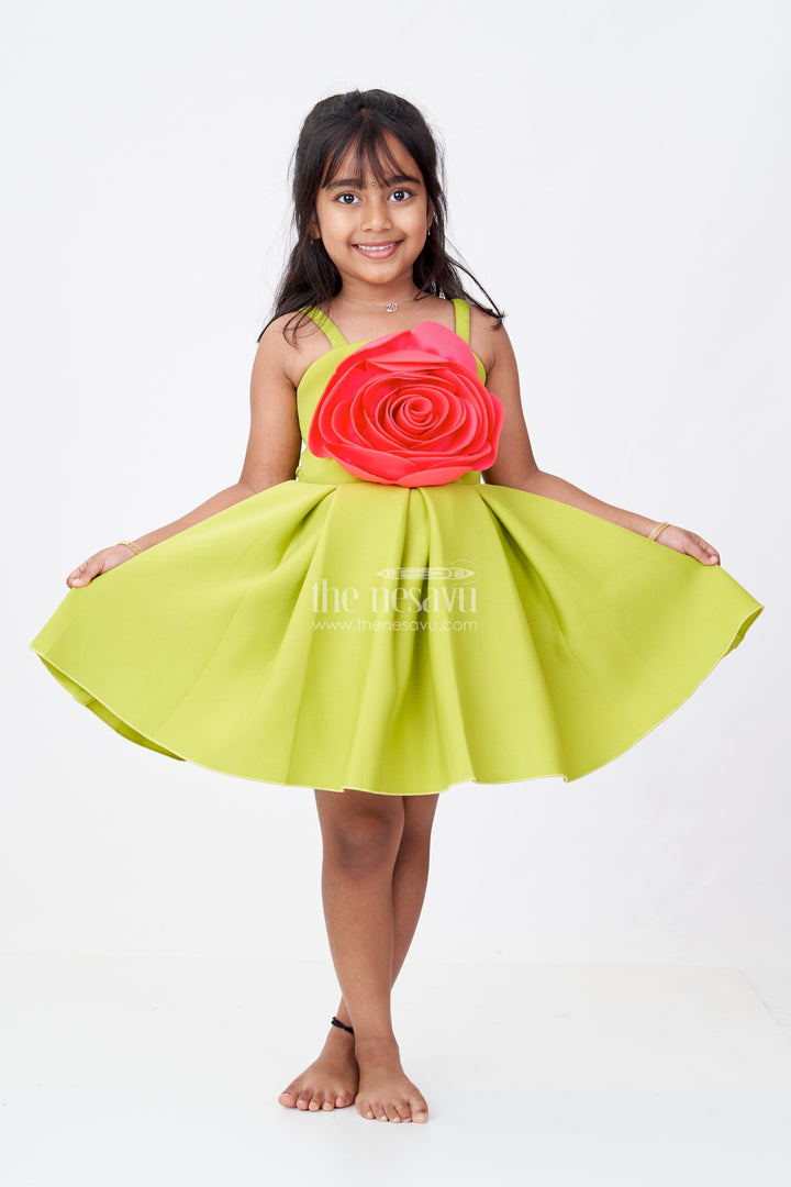 Girls Red Rose Flower Frock in Green Scuba Fabric with Oversized Floral Accent and Flowing Skirt