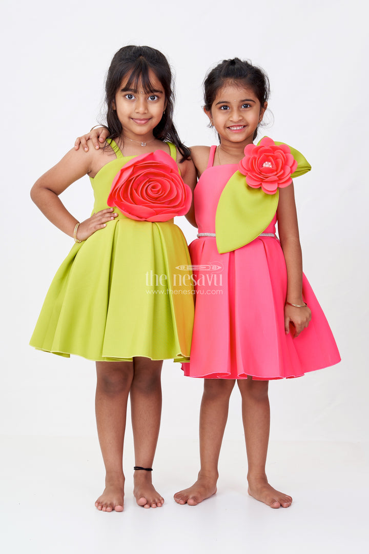 Girls Red Rose Flower Frock in Green Scuba Fabric with Oversized Floral Accent and Flowing Skirt