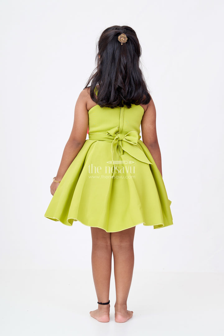 Girls Red Rose Flower Frock in Green Scuba Fabric with Oversized Floral Accent and Flowing Skirt