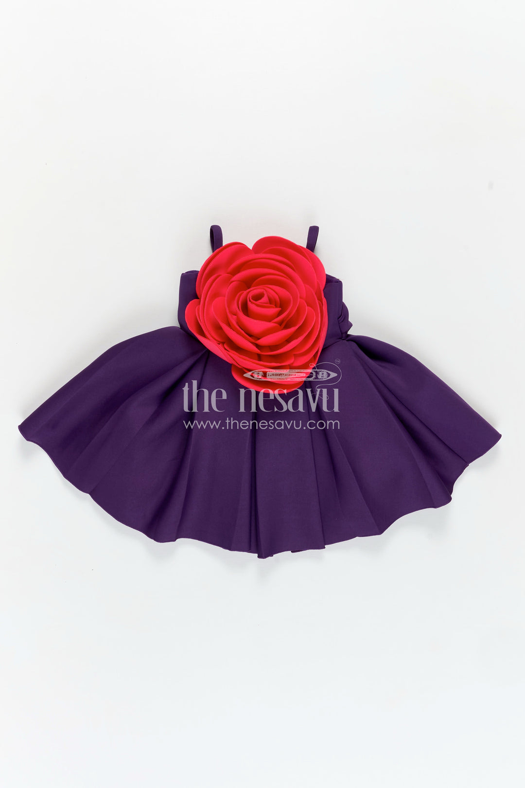 Girls Purple Scuba frock new pattern with Oversized Red Rose and Box Pleated Skirt