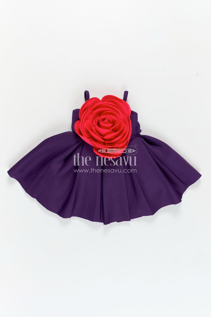 Girls Purple Scuba frock new pattern with Oversized Red Rose and Box Pleated Skirt