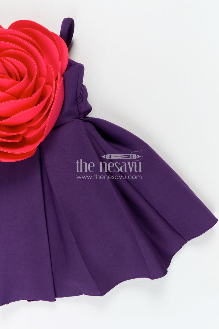 Girls Purple Scuba frock new pattern with Oversized Red Rose and Box Pleated Skirt
