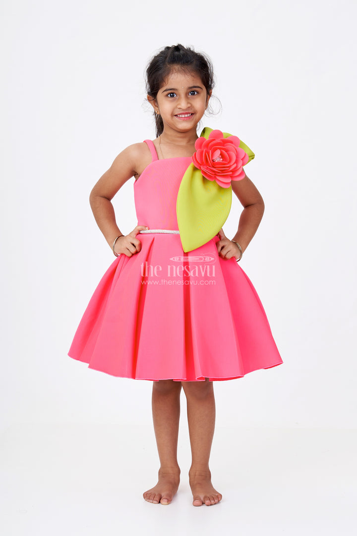 Girls Red Frock Party Wear in Pink Scuba Fabric with Floral Appliqué and Dramatic Green Leaf Accent