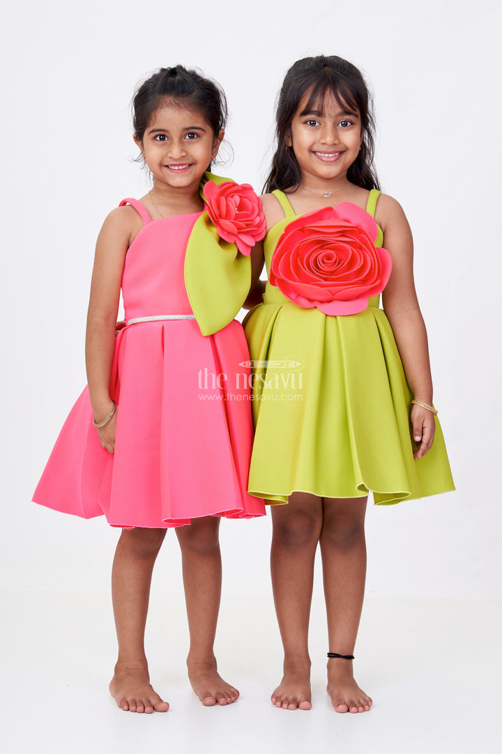 Girls Red Frock Party Wear in Pink Scuba Fabric with Floral Appliqué and Dramatic Green Leaf Accent