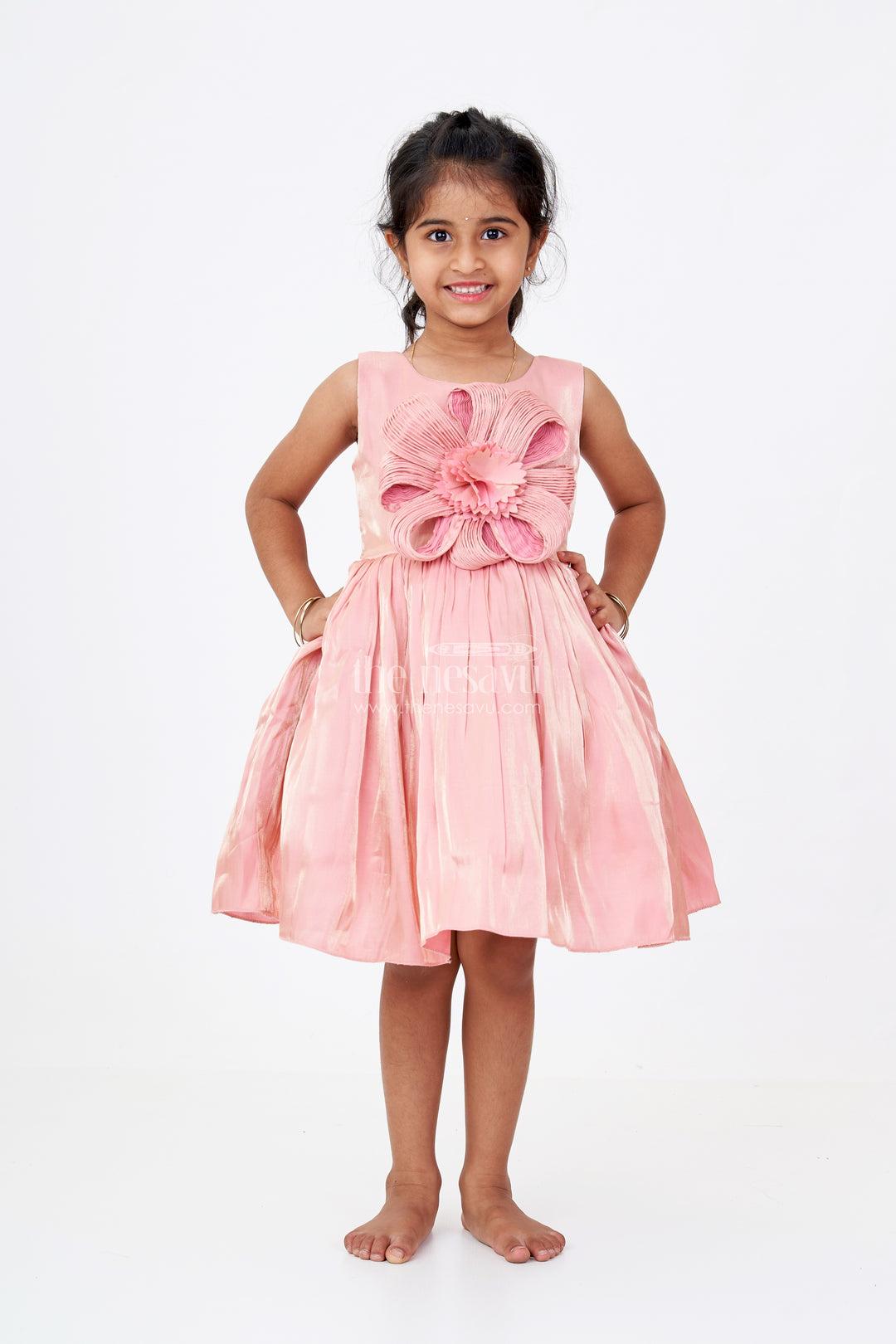 Girls Floral Party Dress in Glazed Organza with Oversized Textured Flower and Elegant Flared Silhouette