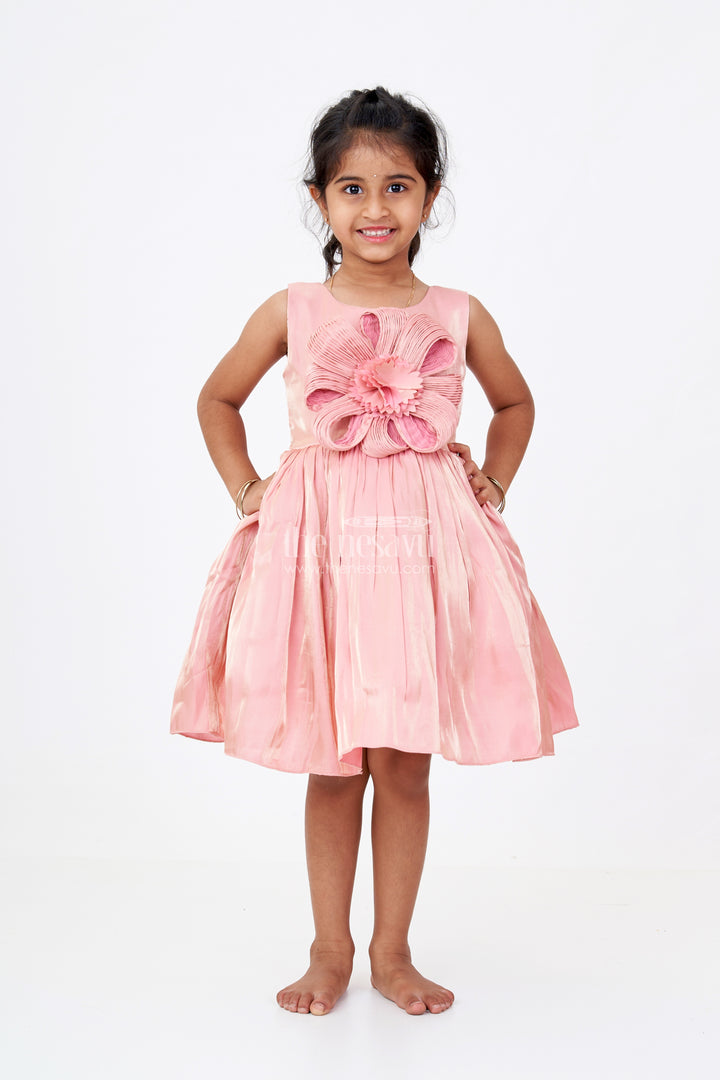 Girls Floral Party Dress in Glazed Organza with Oversized Textured Flower and Elegant Flared Silhouette
