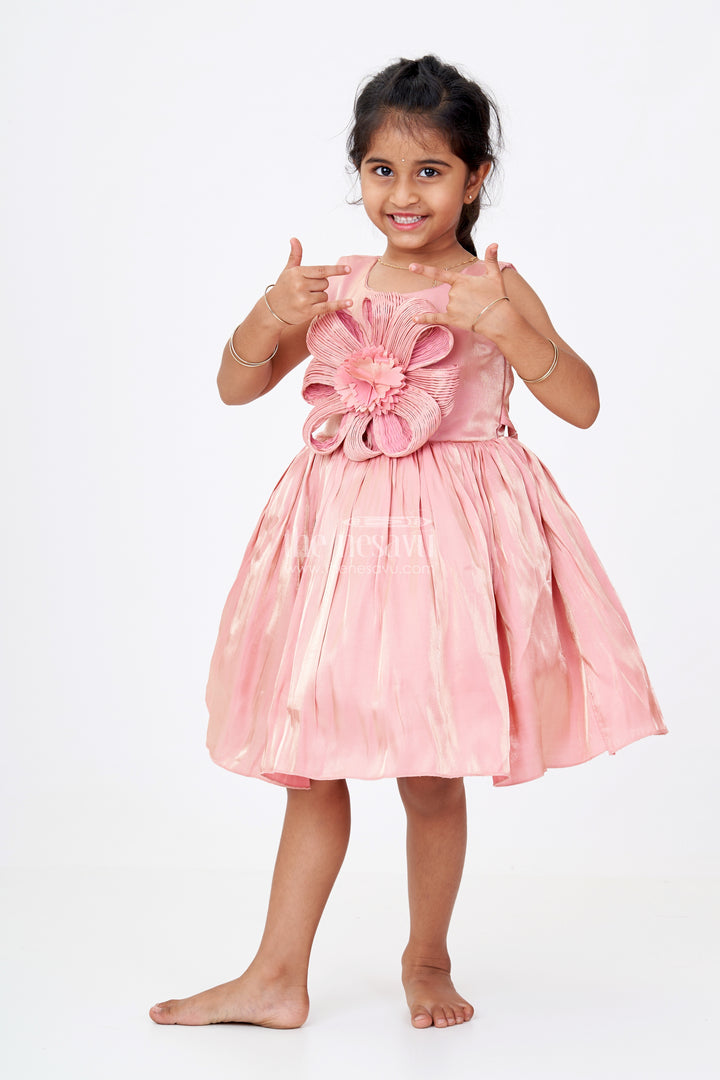 Girls Floral Party Dress in Glazed Organza with Oversized Textured Flower and Elegant Flared Silhouette