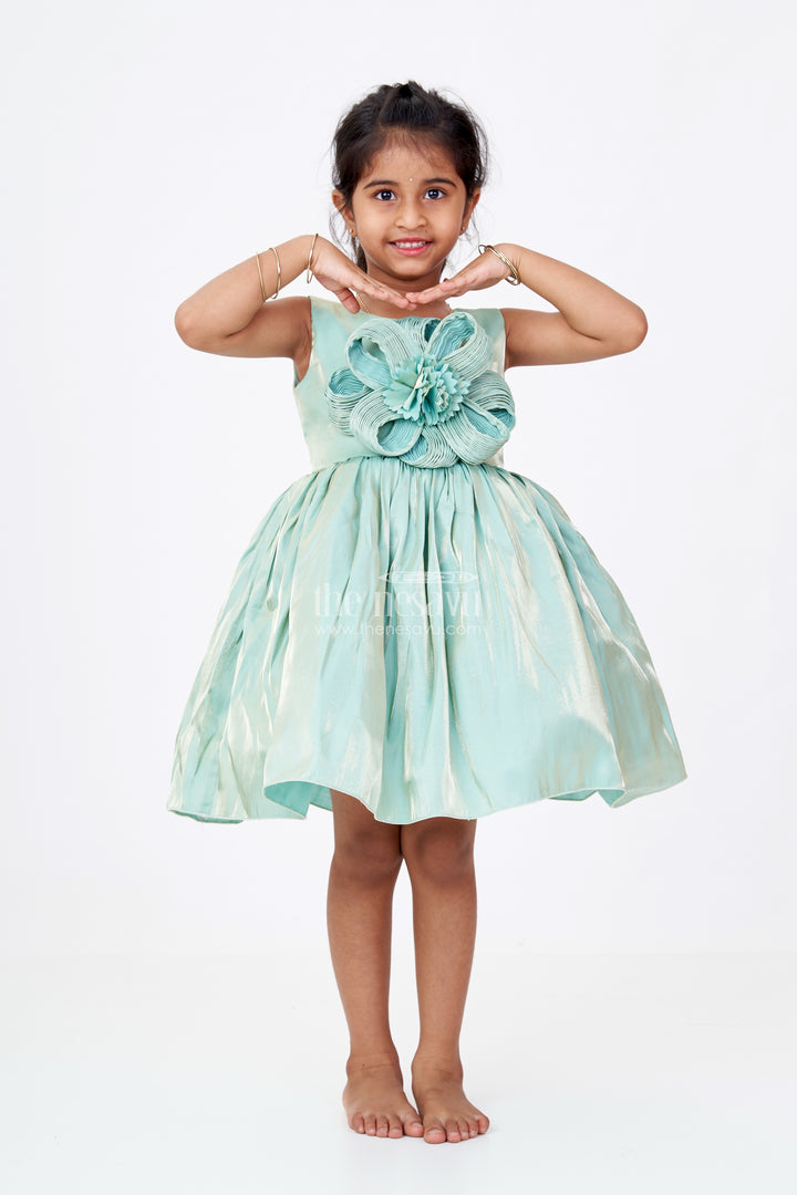 Girls Shiny Party Dress in Glazed Organza with Oversized Floral Appliqué and Elegant Flared Silhouette