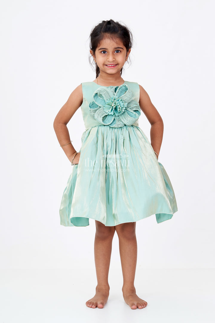 Girls Shiny Party Dress in Glazed Organza with Oversized Floral Appliqué and Elegant Flared Silhouette