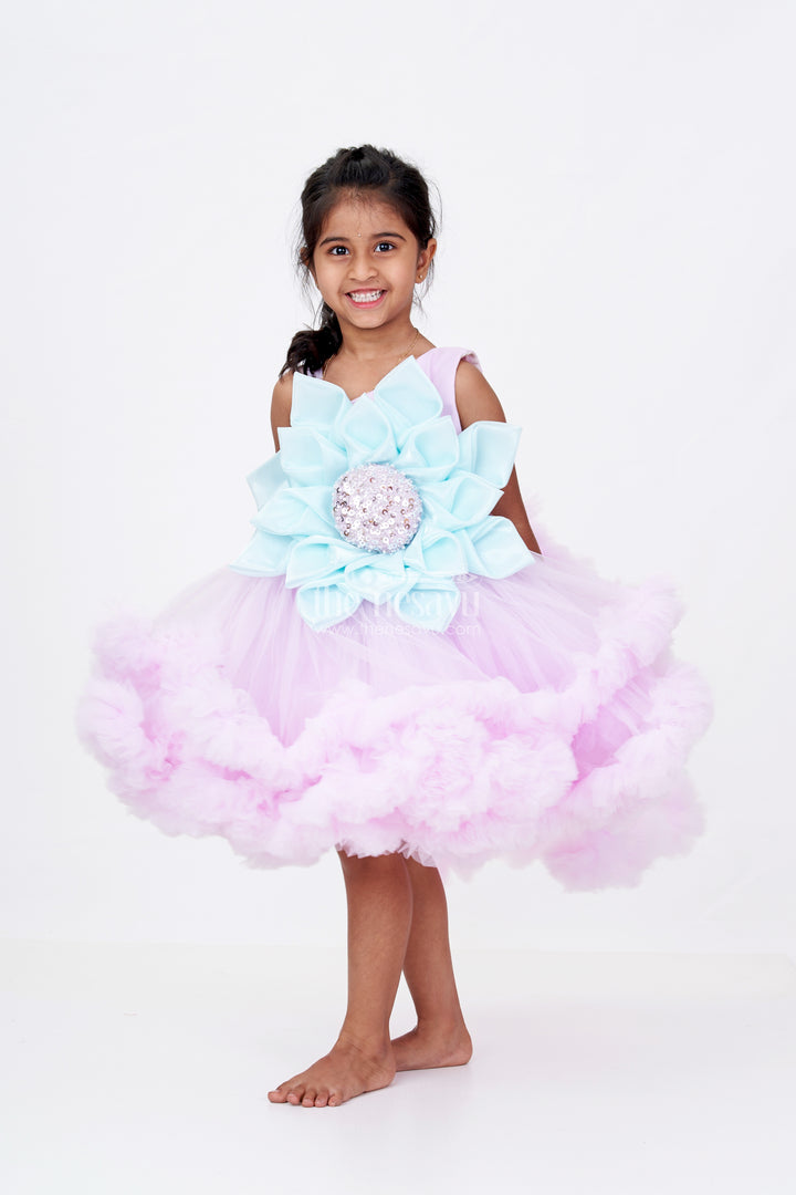 Girls Pari Wali Frock in Soft Plain Net with 3D Flower Embellishment and Layered Ruffle Design for Magical Moments
