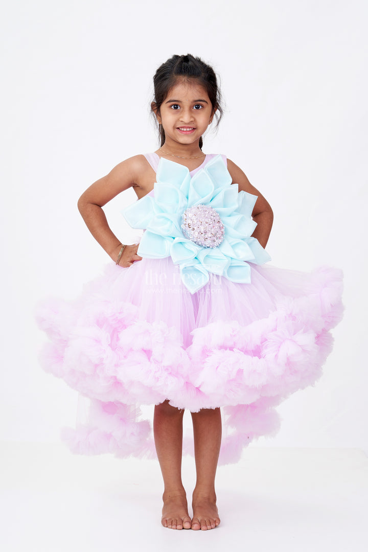 Girls Pari Wali Frock in Soft Plain Net with 3D Flower Embellishment and Layered Ruffle Design for Magical Moments