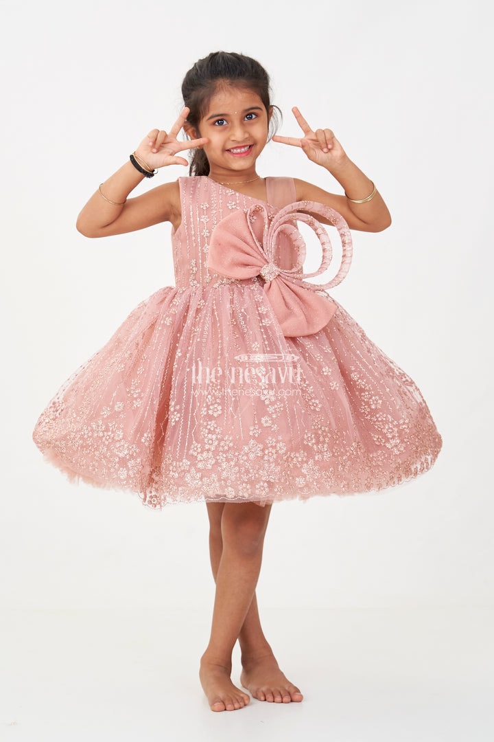 Girls Short Frock Design in Soft Net with Designer Embroidery and Statement Bow Embellishment