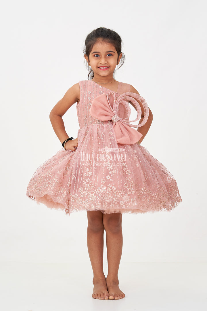Girls Short Frock Design in Soft Net with Designer Embroidery and Statement Bow Embellishment