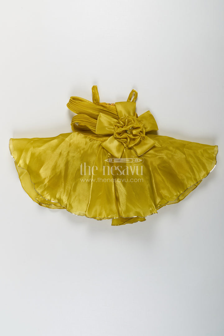 Girls Trendy Frock in Glossy Satin with Floral Waist Embellishment and Flowy Asymmetrical Hem
