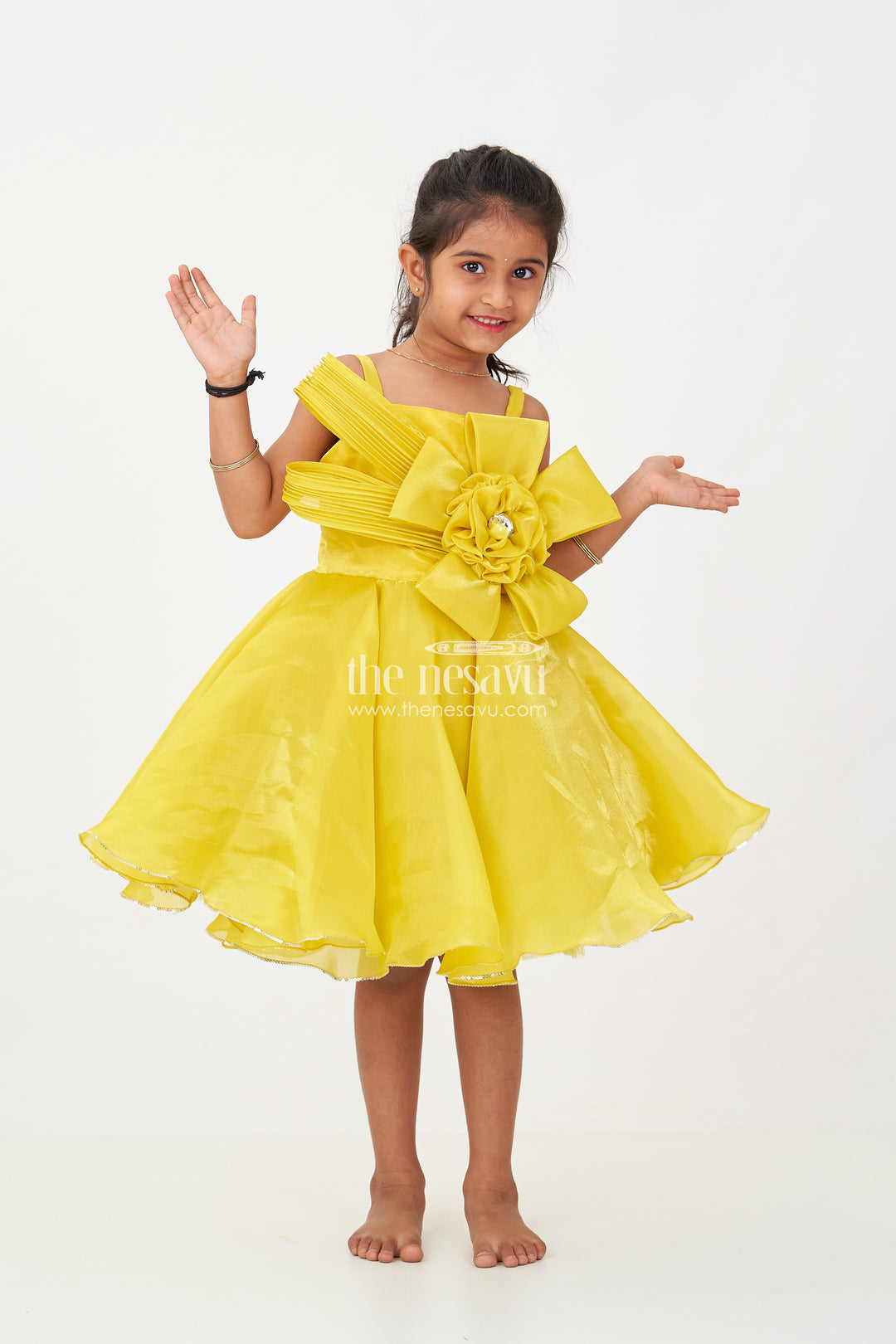 Girls Trendy Frock in Glossy Satin with Floral Waist Embellishment and Flowy Asymmetrical Hem