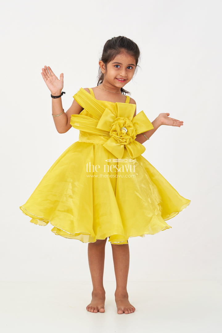 Girls Trendy Frock in Glossy Satin with Floral Waist Embellishment and Flowy Asymmetrical Hem