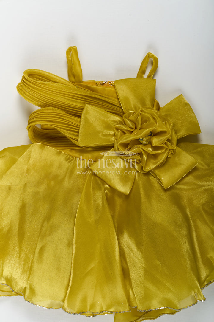 Girls Trendy Frock in Glossy Satin with Floral Waist Embellishment and Flowy Asymmetrical Hem