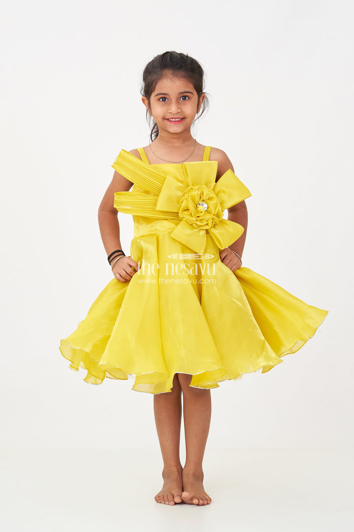 Girls Trendy Frock in Glossy Satin with Floral Waist Embellishment and Flowy Asymmetrical Hem