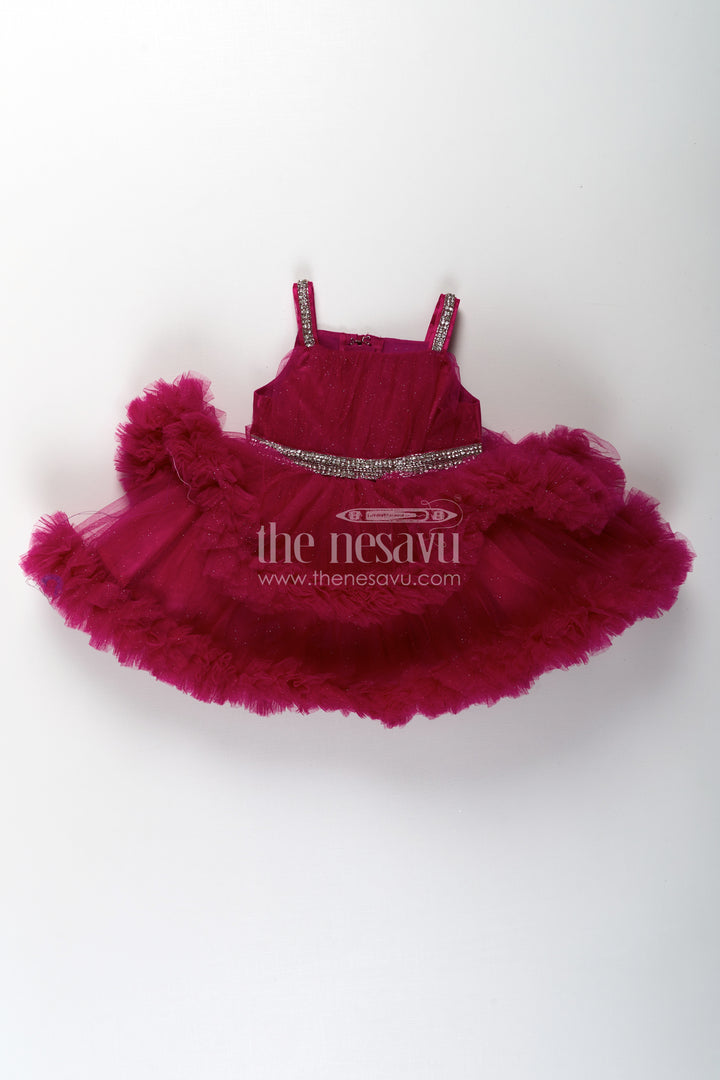 Modern Dress Frock for Girls in Soft Net with Stone Embellished Belt and Ruffle Skirt Layers