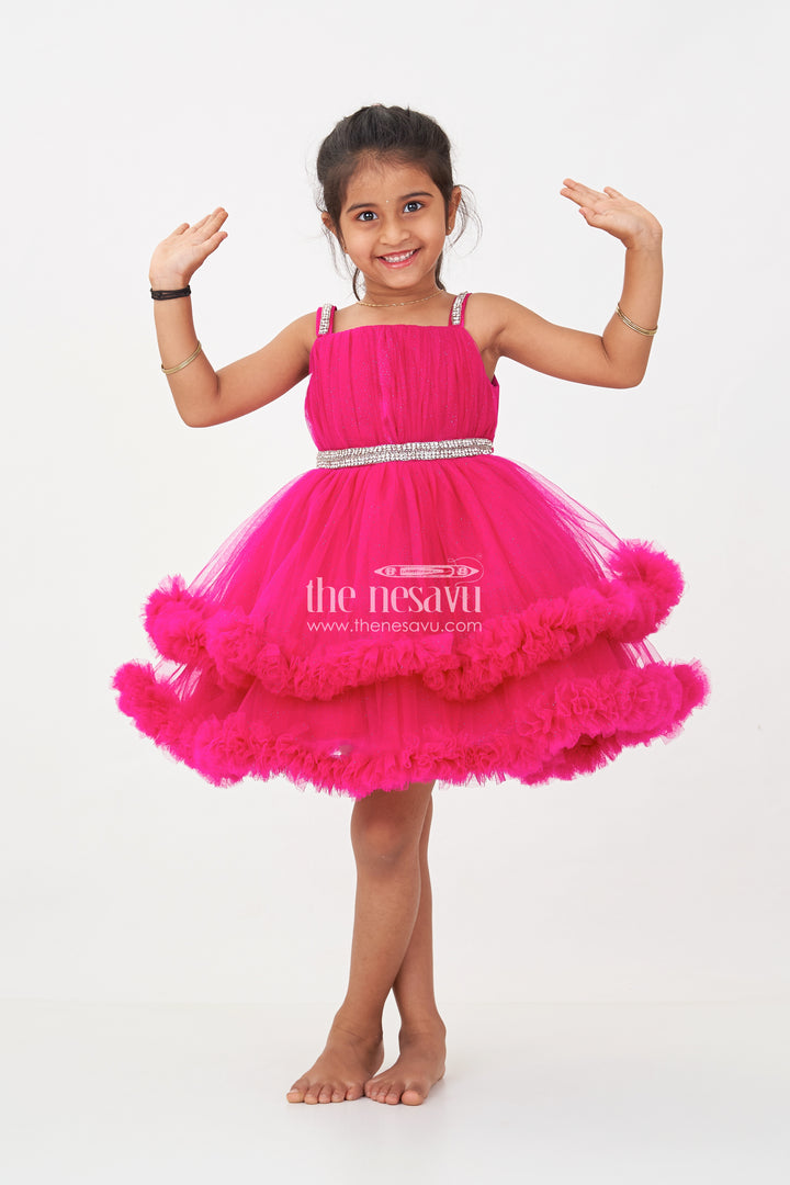 Modern Dress Frock for Girls in Soft Net with Stone Embellished Belt and Ruffle Skirt Layers