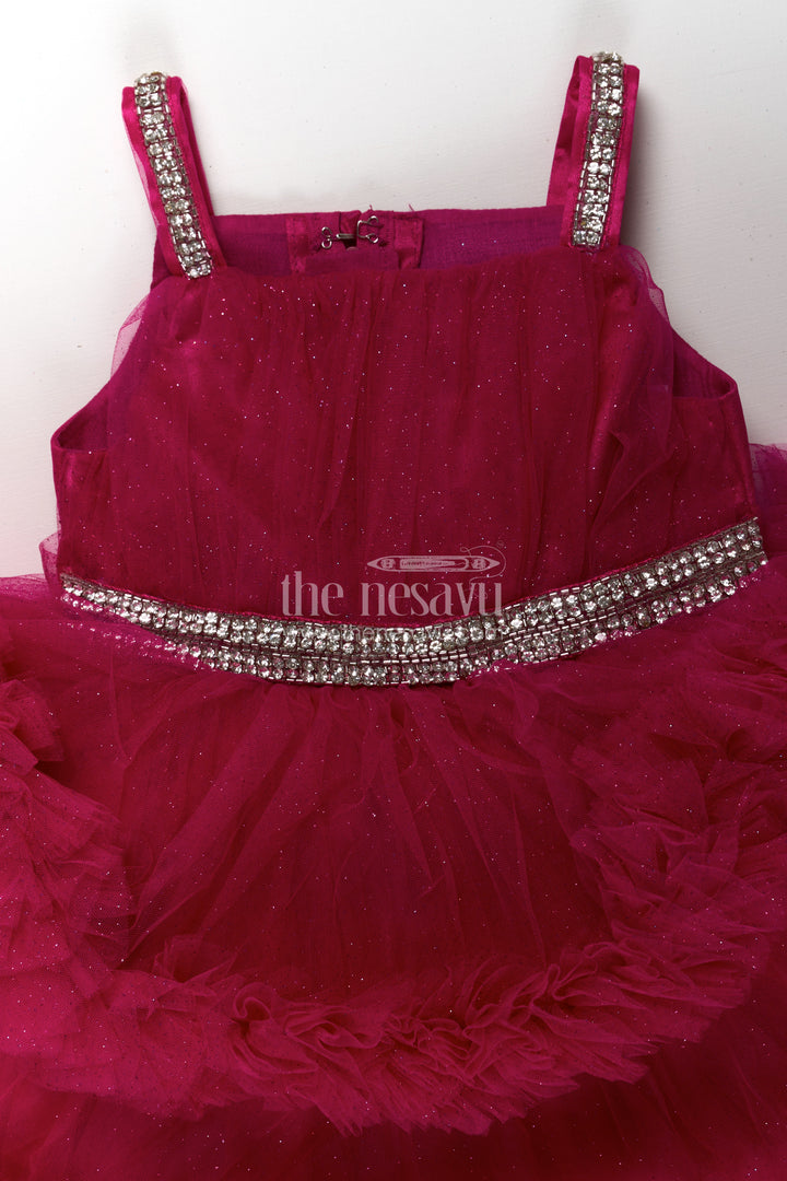 Modern Dress Frock for Girls in Soft Net with Stone Embellished Belt and Ruffle Skirt Layers