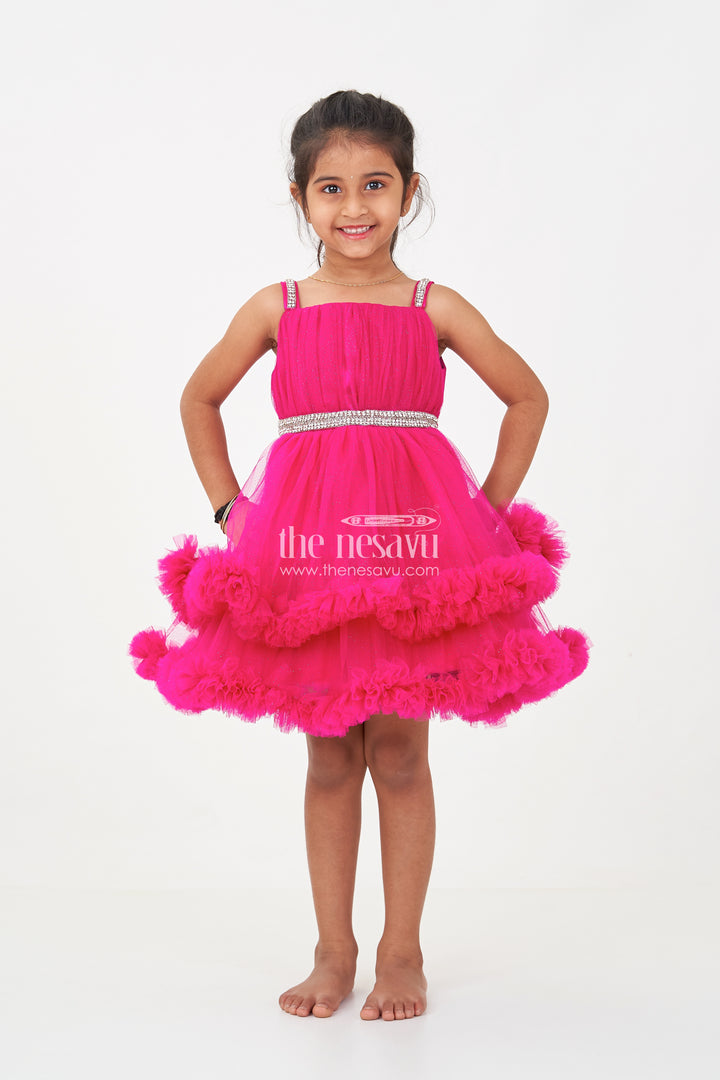 Modern Dress Frock for Girls in Soft Net with Stone Embellished Belt and Ruffle Skirt Layers