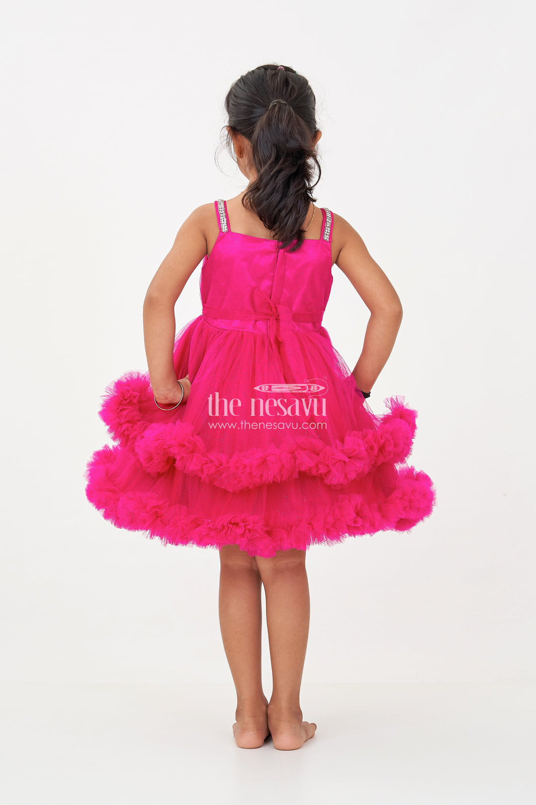 Modern Dress Frock for Girls in Soft Net with Stone Embellished Belt and Ruffle Skirt Layers
