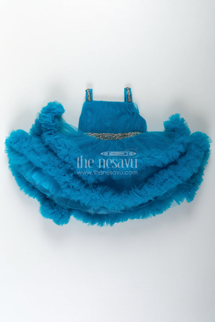 Girls Latest Frock Design in Blue Soft Net with Stone Embellished Belt and Ruffled Skirt