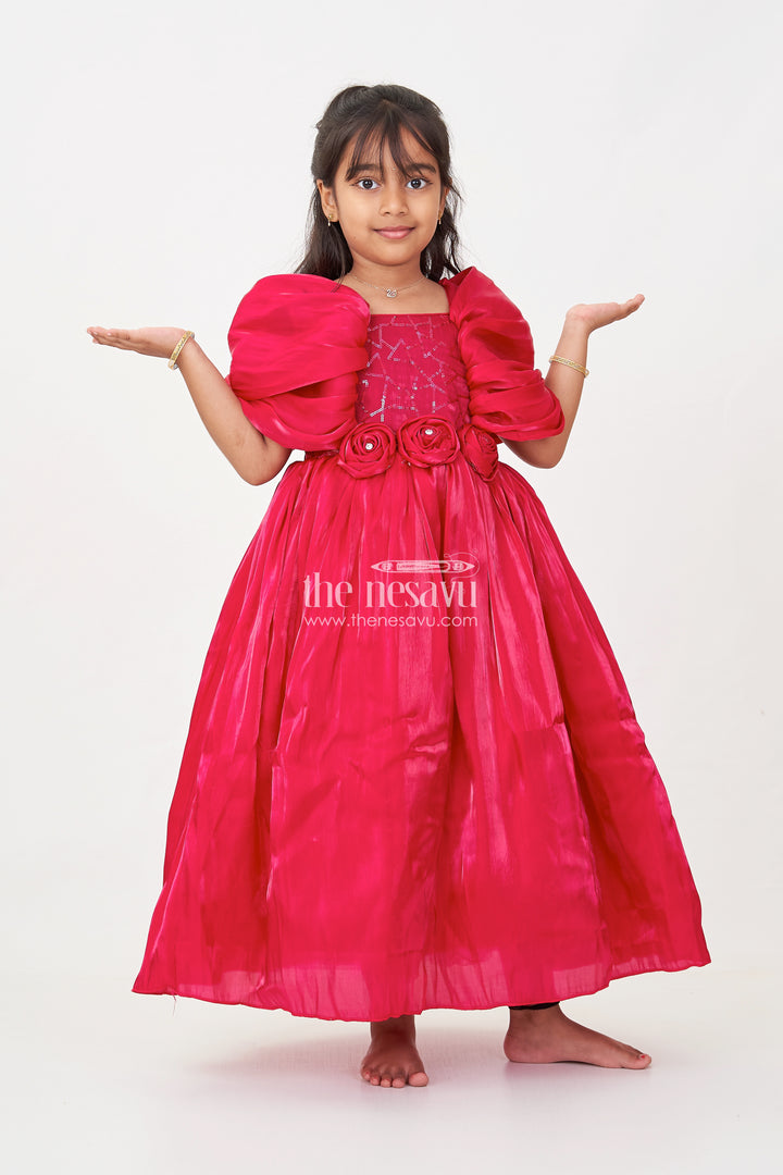 Baby Frock for First Birthday in Rich Glaze Organza with Sequin Embellished Yoke and Rosette Detailing