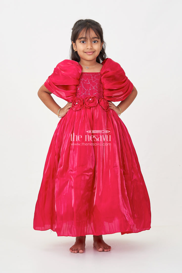 Baby Frock for First Birthday in Rich Glaze Organza with Sequin Embellished Yoke and Rosette Detailing