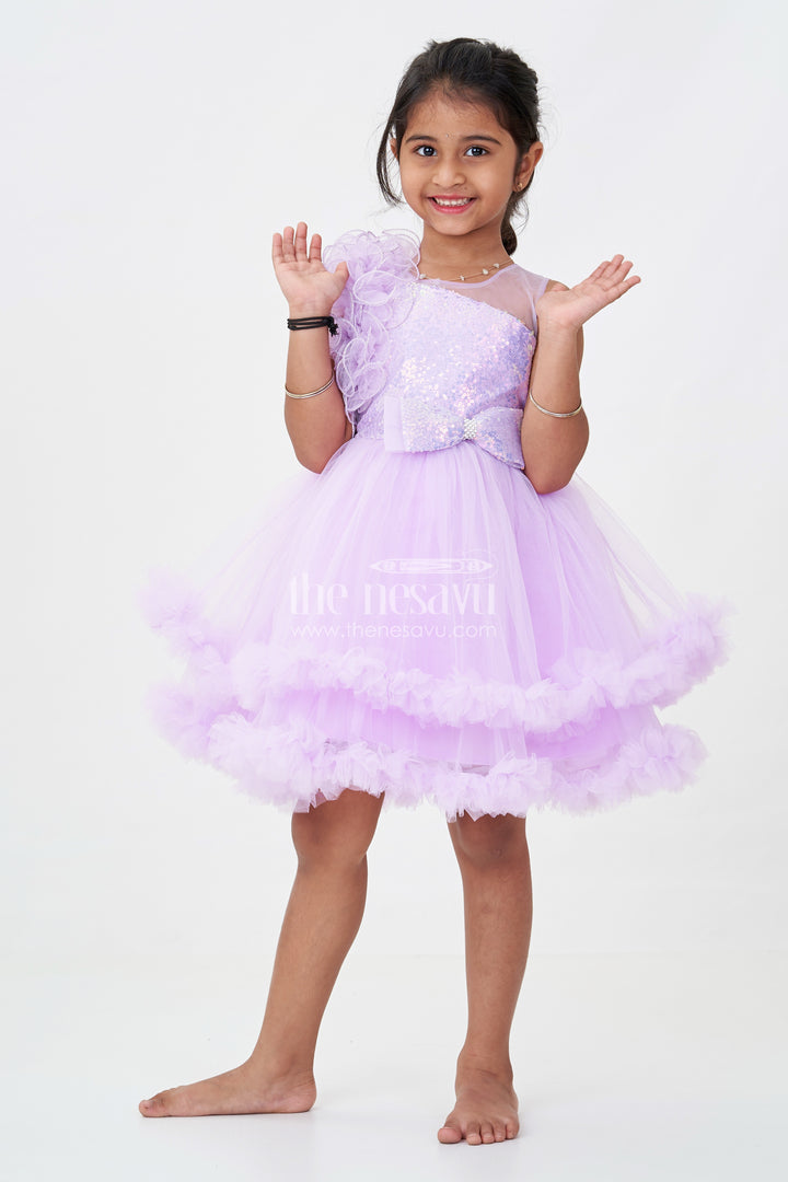 Princess Dress Purple for Girls in Net with Layered Frills and Glitter Bow Accent