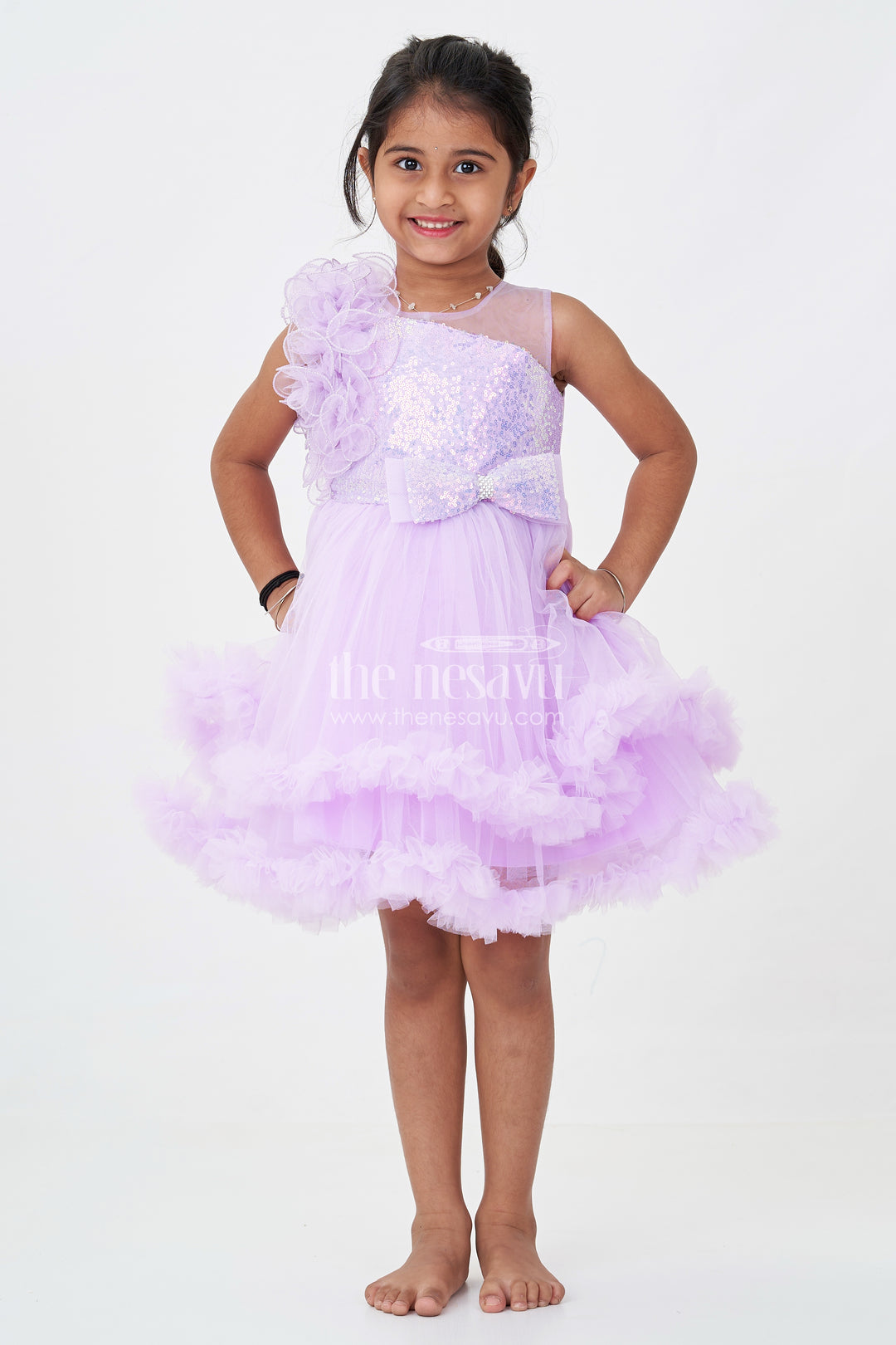Princess Dress Purple for Girls in Net with Layered Frills and Glitter Bow Accent