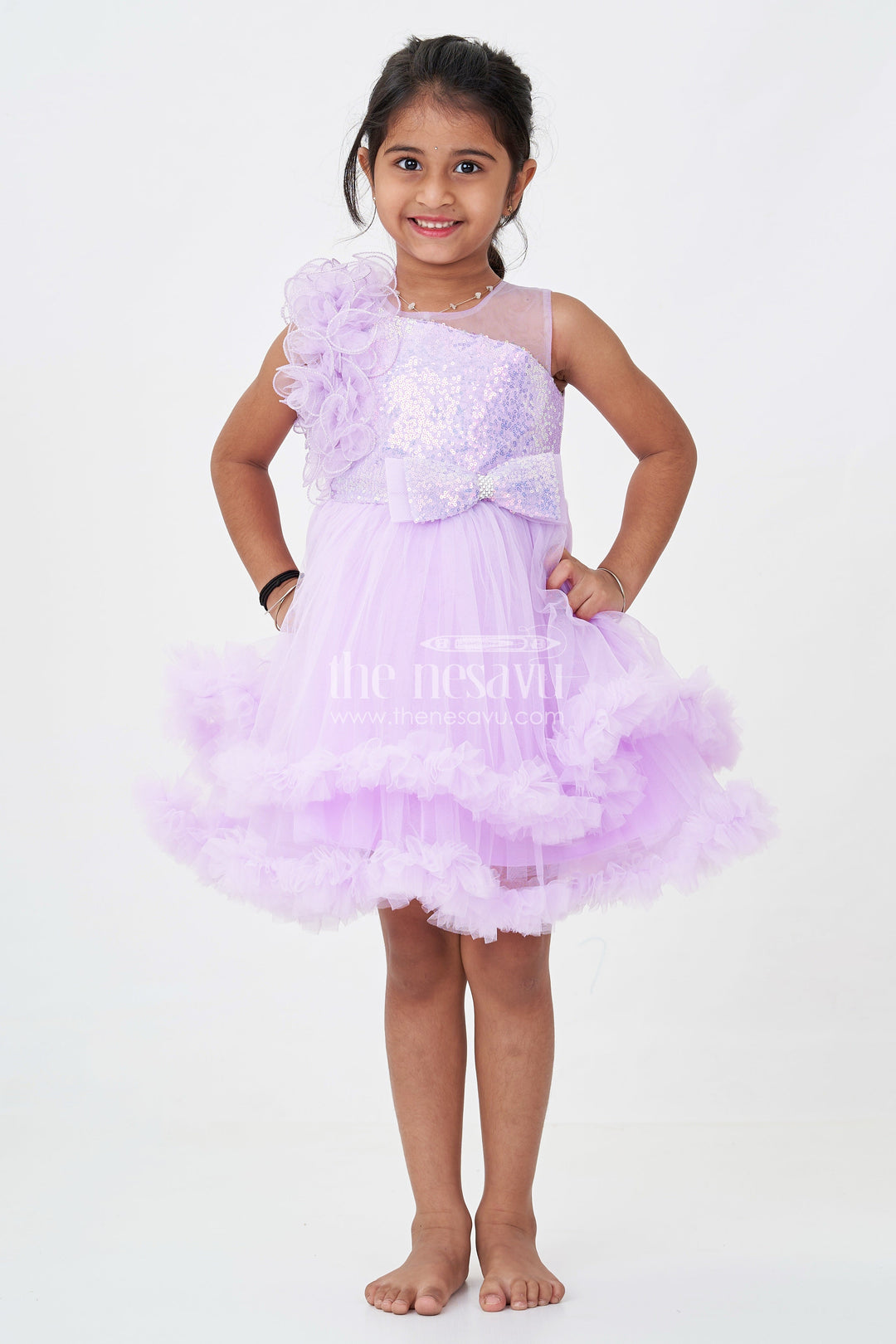 Princess Dress Purple for Girls in Net with Layered Frills and Glitter Bow Accent