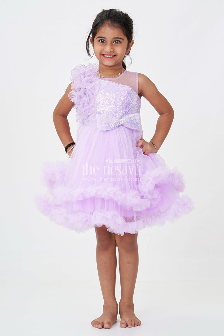 Princess Dress Purple for Girls in Net with Layered Frills and Glitter Bow Accent