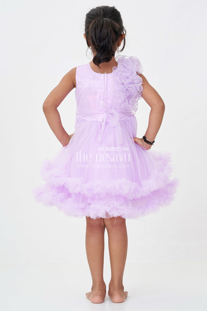 Princess Dress Purple for Girls in Net with Layered Frills and Glitter Bow Accent