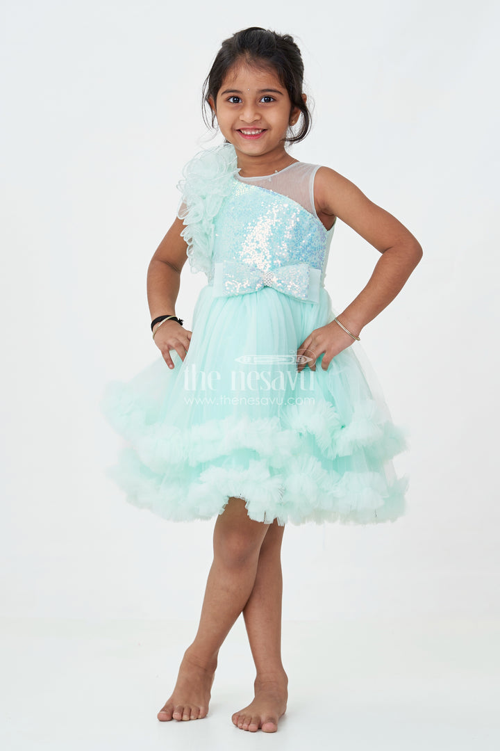Green Party Dress for Girls in Net with Ruffle Layers and Sequin Embellished Floral Yoke
