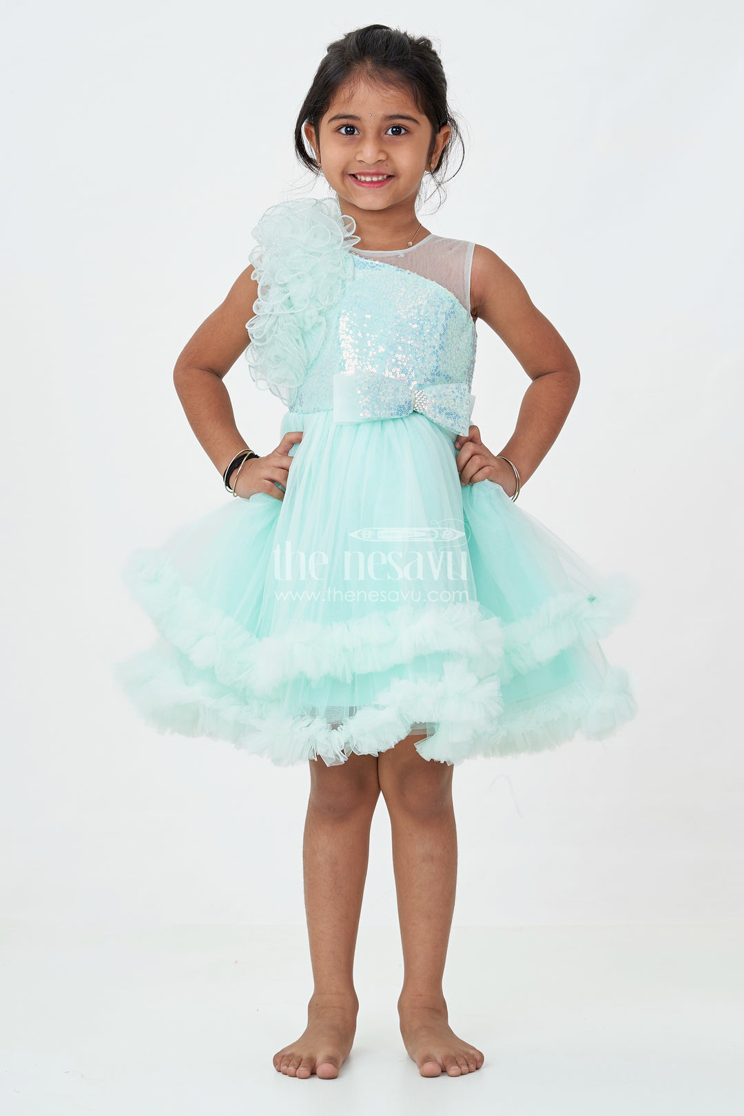 Green Party Dress for Girls in Net with Ruffle Layers and Sequin Embellished Floral Yoke