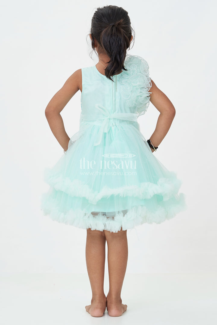 Green Party Dress for Girls in Net with Ruffle Layers and Sequin Embellished Floral Yoke