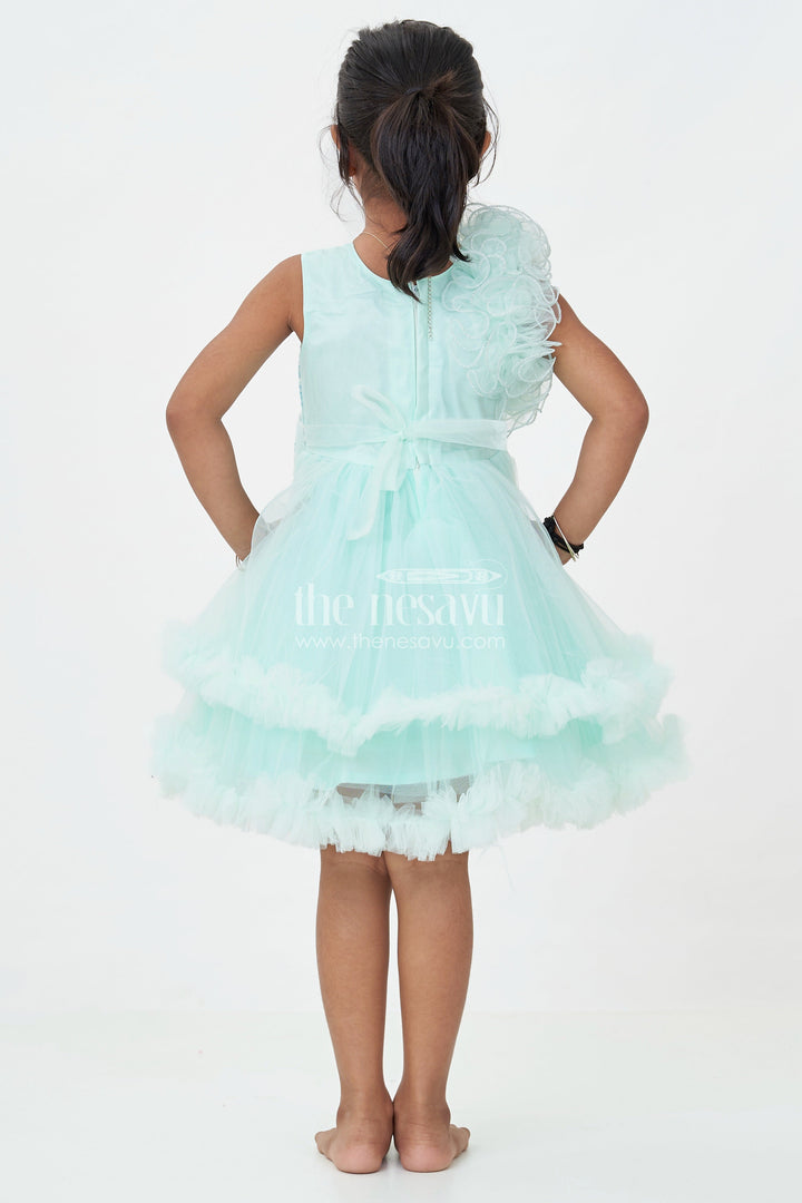 Green Party Dress for Girls in Net with Ruffle Layers and Sequin Embellished Floral Yoke