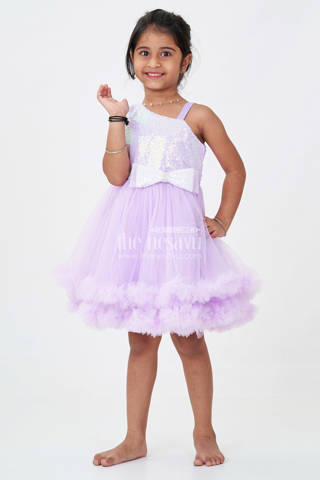 Purple Colour Princess Dress for Girls in Net with Glitter Bow and Shimmering Sequins