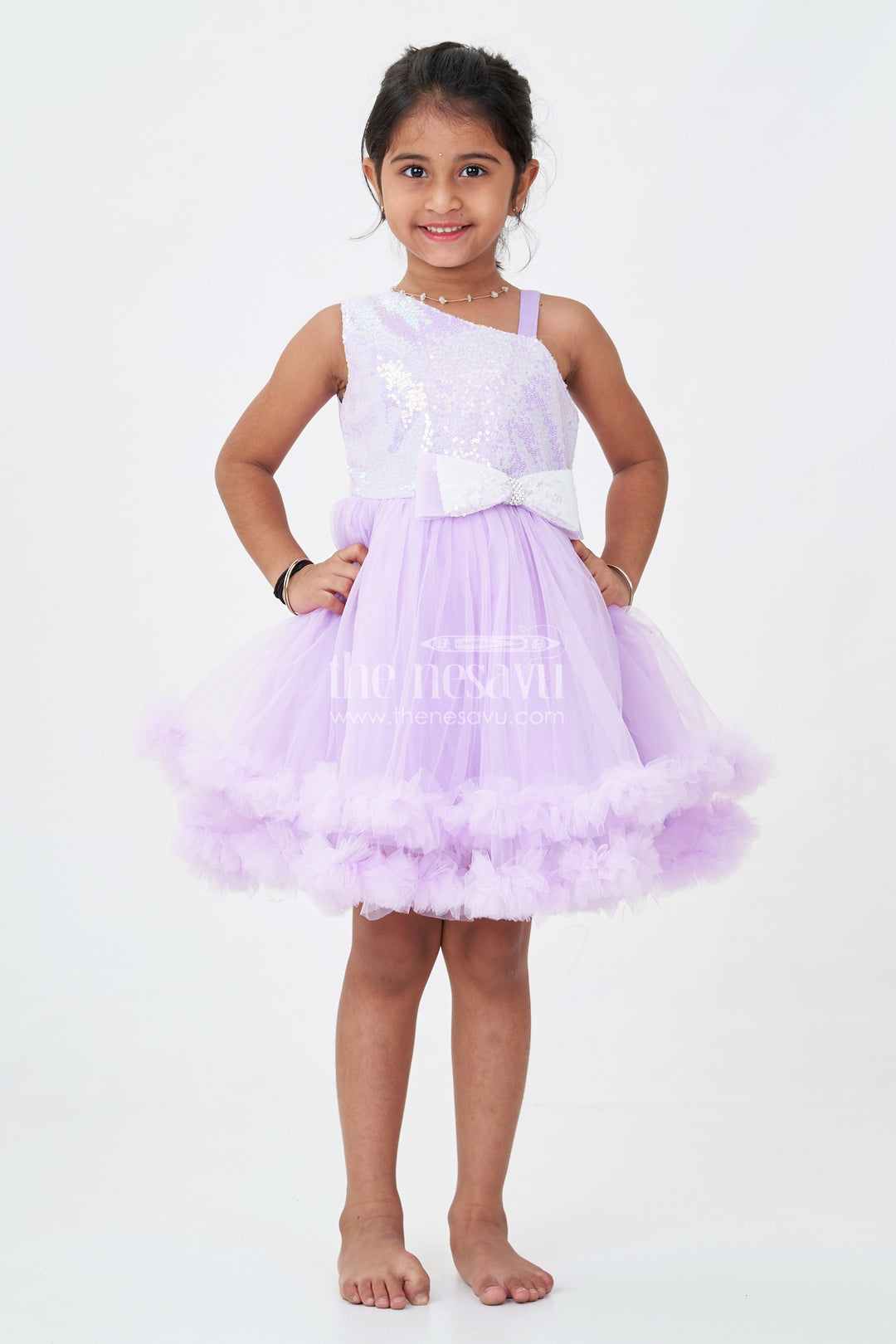 Purple Colour Princess Dress for Girls in Net with Glitter Bow and Shimmering Sequins
