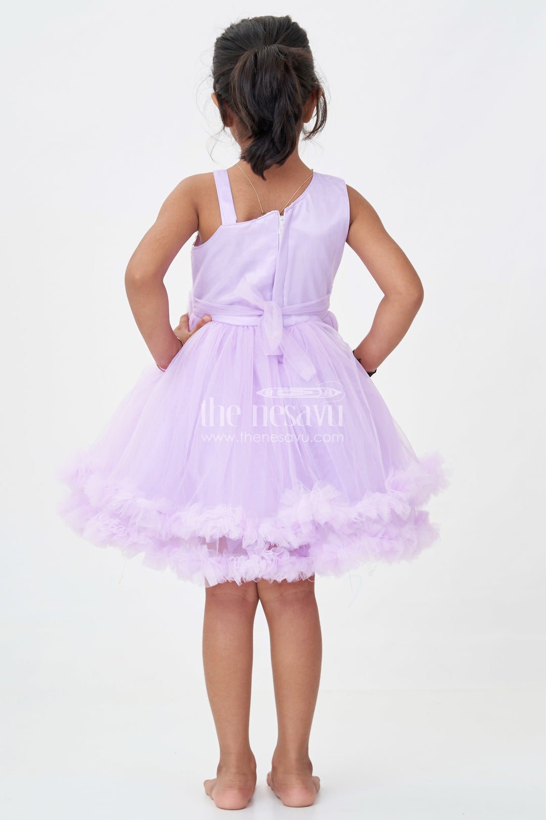 Purple Colour Princess Dress for Girls in Net with Glitter Bow and Shimmering Sequins