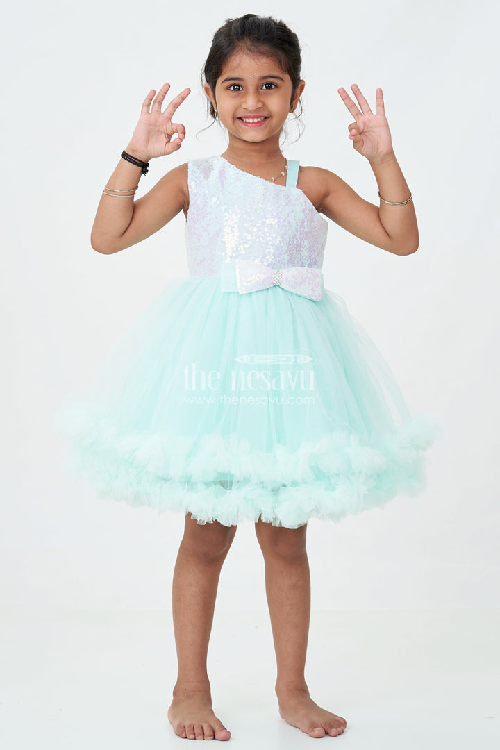 Green Party Dress Short for Girls in Net with Sparkle Yoke and Elegant Tulle Ruffle Skirt