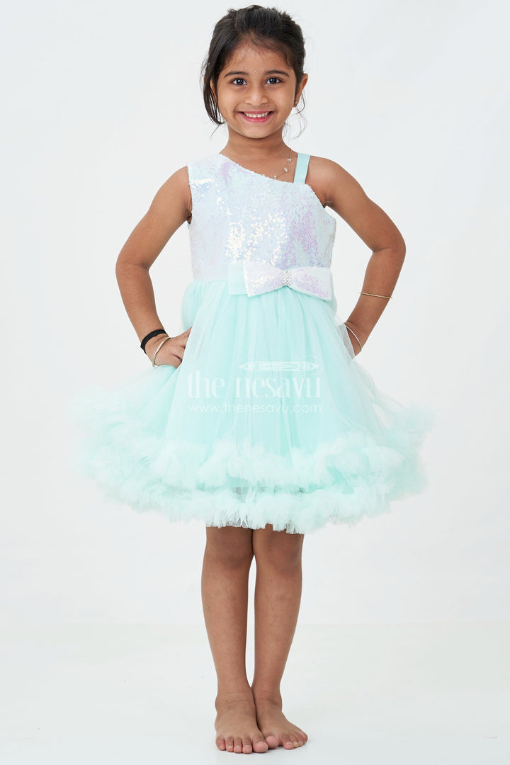 Green Party Dress Short for Girls in Net with Sparkle Yoke and Elegant Tulle Ruffle Skirt