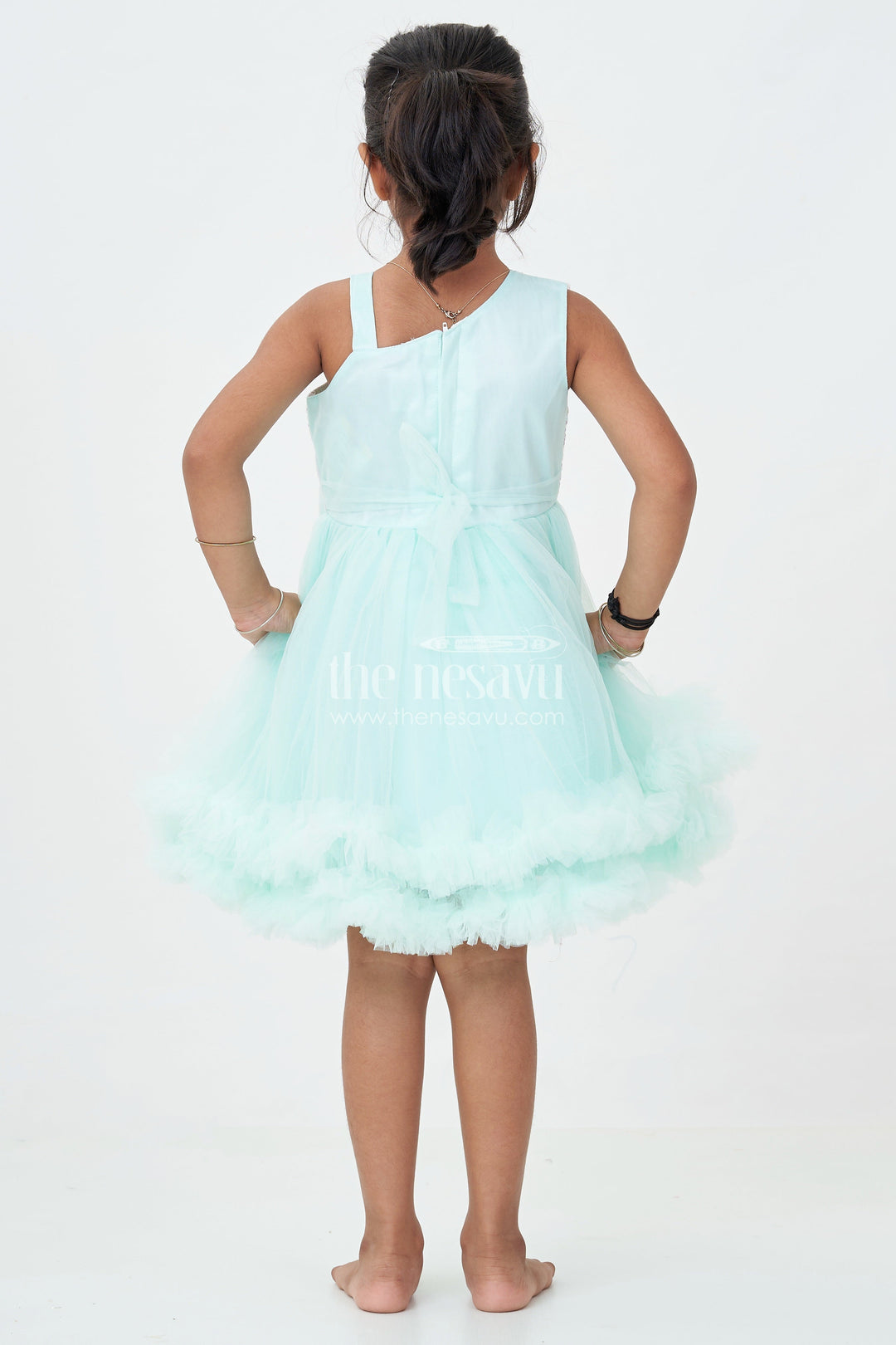 Green Party Dress Short for Girls in Net with Sparkle Yoke and Elegant Tulle Ruffle Skirt