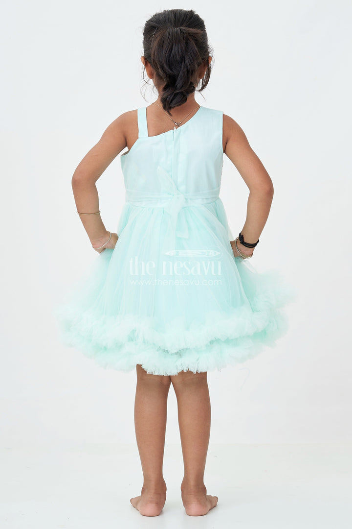 Green Party Dress Short for Girls in Net with Sparkle Yoke and Elegant Tulle Ruffle Skirt