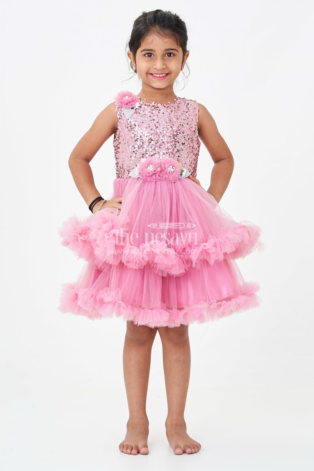 Pink Party Wear Dress for Girls in Net with Sequin Bodice and Frill Layered Skirt